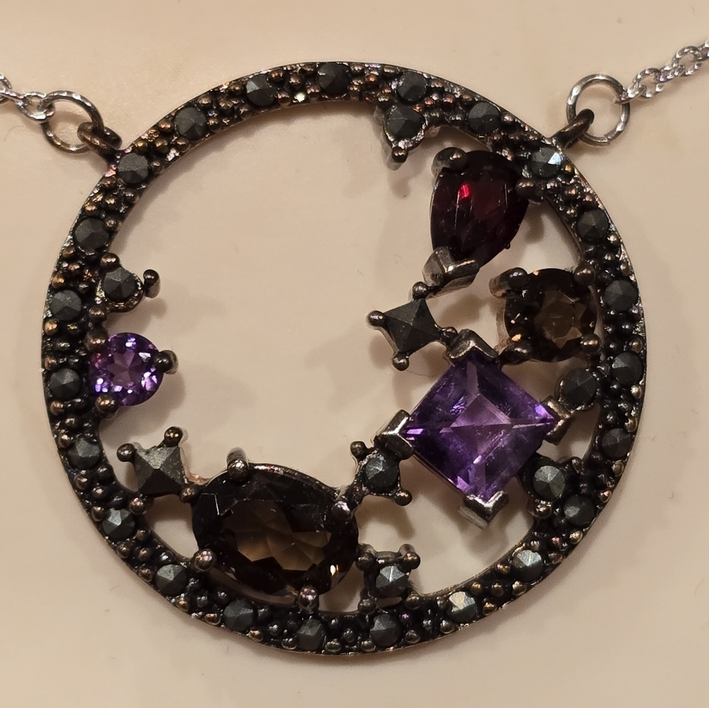 Sterling Silver Amethyst Garnet Marcasite Circular Pendant on Silver Chain NIB